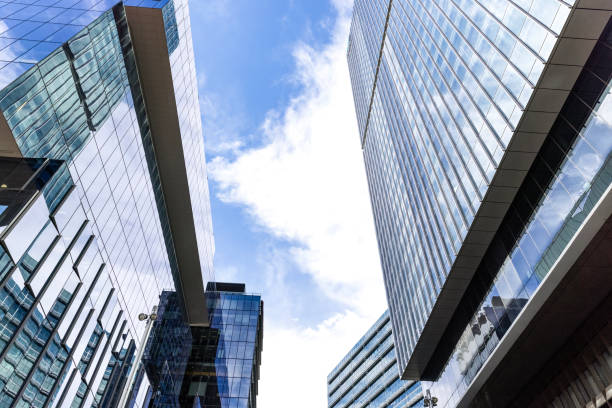 istock Low angle view of modern office buildings, skyscrapers, sky background with copy space 1443634008
