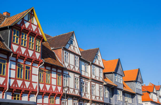 istock Row of historic half timbered rooftops in Wolfenbuttel 1443635814