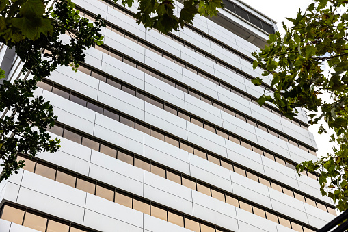 Low angle view of modern office building skyscrapers, sky background with copy space, full frame horizontal composition