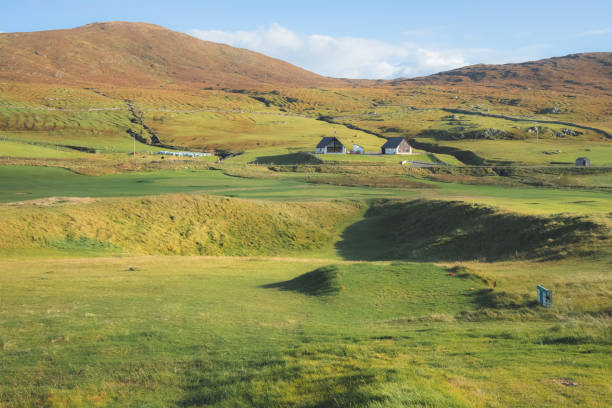 Isle of Harris, UK - October 4 2021: Beautiful sunny day at the coastal links golf course Harris Golf Club at Scarista on the Isle of Lewis and Harris in the Outer Hebrides of Scotland, UK.