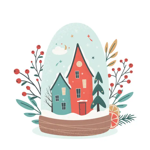 Vector illustration of Merry Christmas and Happy New Year concept. Christmas winter glass Snowball with Christmas Tree and gingerbread retro houses. Vector illustration