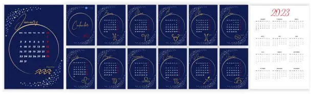 Vector illustration of Astrology Wall Monthly Calendar 2023. Vertical photo calendar Layout for 2023 year in English with zodiac signs, star, moon on blue sky. Cover Calendar, 12 months templates. Vertical data grids. Vector illustration