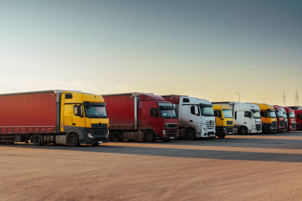 istock Freightliners in company storage lot. 1443643105