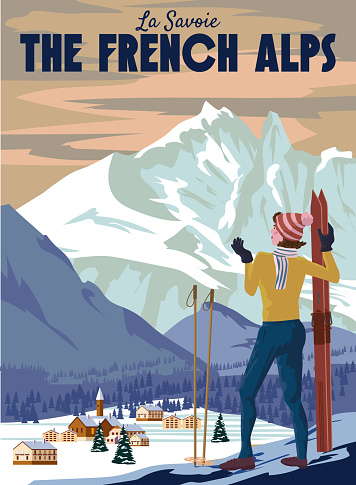 The French Alps Ski resort poster, retro. Mont Blanc Winter travel card, girl with ski, view on the mountain village vintage. Vector illustration