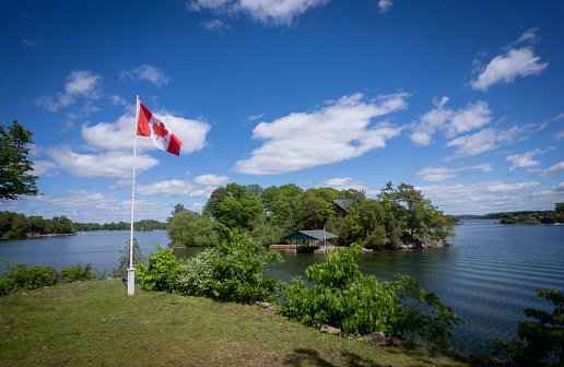 Canadian flag in Thousand Islands National Park New York State and Ontario Canada