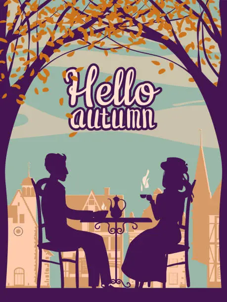 Vector illustration of Hello Autumn street cafe, couple at the table, fall mood