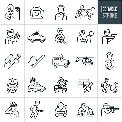 A set of law enforcement icons that include editable strokes or outlines using the EPS vector file. The icons include a riot police officer holding a shield dressed in riot gear, police siren sounding, police officer, police officer chasing down a criminal who is running away, police officer talking on handheld radio, speeding police car racing to an emergency, SWAT police officer with helmet and assault rifle, police officer arresting a criminal, police officer with handgun drawn, criminal with crowbar and police officer with handgun, hand holding police baton, SWAT armored police vehicle, police helicopter, cop with hands reverently folded, undercover agent with earpiece, police robot, burglary with broken window, police officer walking towards card to issue traffic violation ticket, police officer saluting, police officer searching in dark using a flashlight, criminal in police line-up, police officer assisting a person injured on the ground, and a police officer with assault rifle drawn.