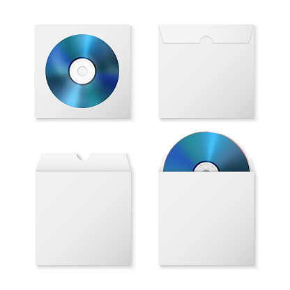 Vector 3d Realistic Blue CD, DVD with Paper Cover, Envelope, Case Isolated. CD Box, Packaging Design Template for Mockup. Compact Disk Icon, Top View