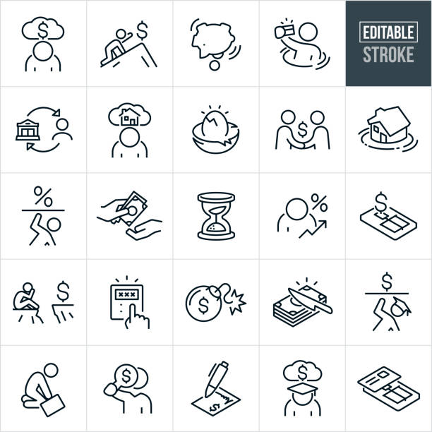 stockillustraties, clipart, cartoons en iconen met debt thin line icons - editable stroke - icons include debt, debtor, creditor, financial debt, finances, student debt, mortgage debt, credit card debt, loan, burden, money - armoede