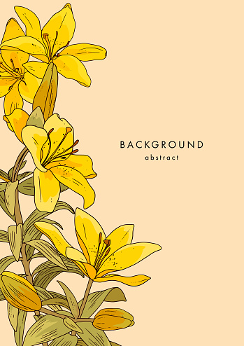 Floral template with yellow lilies on beige background. Vertical poster with vintage lily flower