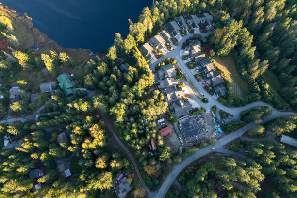 Drone view of a residential neighbourhood stock photo