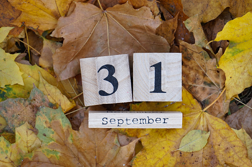 Wooden calendar block with date 31 September on falling autumn leaves background.