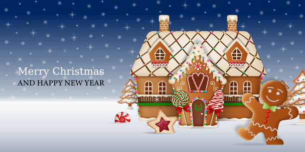 christmas background with gingerbread man and gingerbread house. christmas card with gingerbread cookies christmas background with gingerbread man and gingerbread house. christmas card with gingerbread cookies vector gingerbread house cartoon stock illustrations