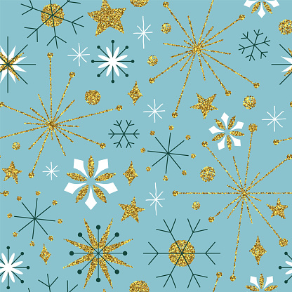 Christmas seamless pattern illustration of luxury gold glitter decoration and winter snowflake ornament in vintage folk art style. Mid century background with golden stars.