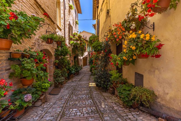 Street view of the medieval town of Spello in Umbria, Italy stock photo