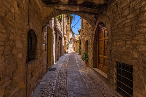 Street view of the medieval town of Spello in Umbria, Italy stock photo