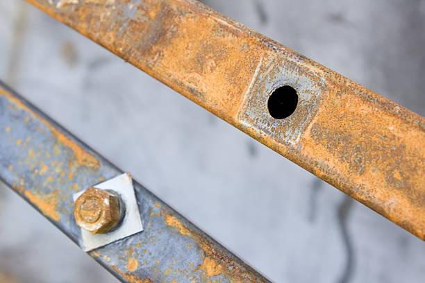 Rusty RHS Steel Bolt, Washer and Hole. Yellow and Grey theme.