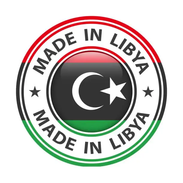 Vector illustration of Made in Libya badge vector. Sticker with stars and national flag. Sign isolated on white background.