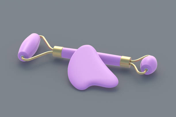 istock Face massage roller and gua sha scraper. Lifting face and wellness. Cosmetics accessories. Facial skin care. 3d render 1443657135