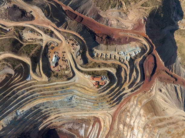 Aerial view of Open-pit iron mine Aerial view of Open-pit iron mine in Kayseri, Turkey. Taken via drone. precious metals stock pictures, royalty-free photos & images