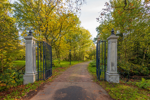 Driveway of an estate between an open black iron gate with stone pillars. The photo was taken on a cloudy day in the Dutch autumn season. The tree leaves are already changing color.