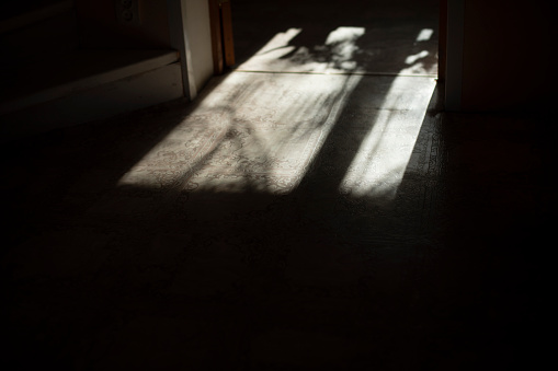 Light from window on floor. Shadow from window frame. Light in room. Interior details.