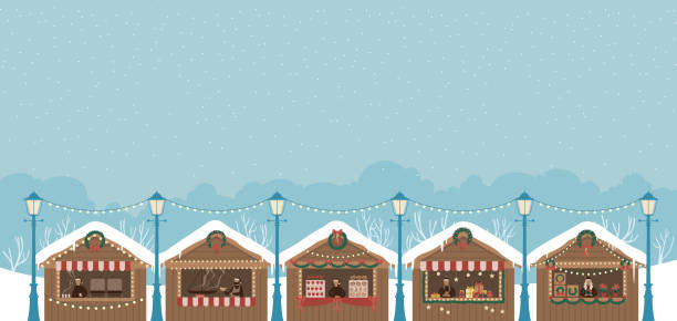 weihnachtsmarkt holzstände kioske. marktverkäufer mit silvesteressen, heißgetränk, glühwein, kaffee oder tee, süßigkeiten und geschenken. - weihnachtsmarkt stock-grafiken, -clipart, -cartoons und -symbole