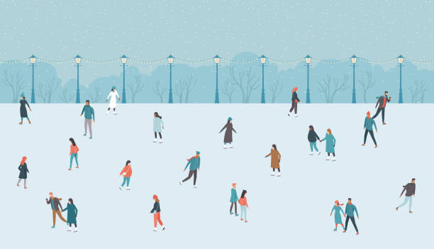 Happy people having fun on the ice rink. Winter holiday scene with active people in an outdoor park. Christmas and Happy New Year vector illustration vector art illustration