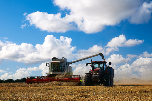 Closeup of combine harvester unloading grains in tractor at agricultural landscape against cloudy sky