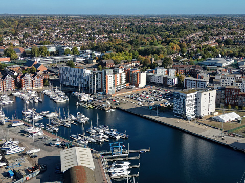 Aerial view of Ipswich University of Suffolk and marina