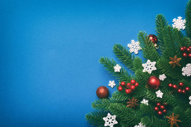 istock Christmas background with fir branches and Christmas decor. Top view, copy space for text 1443672853