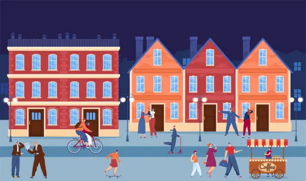 Vector illustration of City downtown urban building in evening vector illustration. Flat people character walk at town street, family drink coffee at cityscape.
