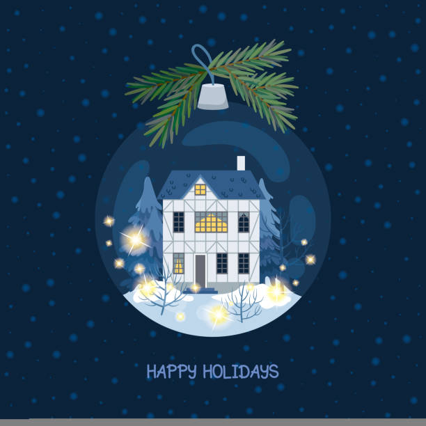 istock Christmas greeting card with glass ball, old house and garland 1443675488