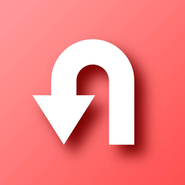 U-turn direction arrow. Icon on Red background with shadow White icon of "U-turn direction arrow" isolated on a trendy color, a bright red background and with a dropshadow. Vector Illustration (EPS file, well layered and grouped). Easy to edit, manipulate, resize or colorize. Vector and Jpeg file of different sizes. undo key stock illustrations