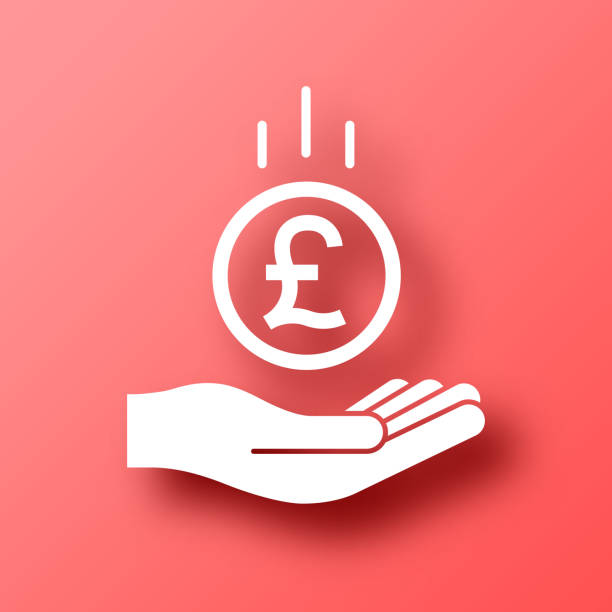 Pound coin falling in hand. Icon on Red background with shadow White icon of "Pound coin falling in hand" isolated on a trendy color, a bright red background and with a dropshadow. Vector Illustration (EPS file, well layered and grouped). Easy to edit, manipulate, resize or colorize. Vector and Jpeg file of different sizes. british falling pounds stock illustrations