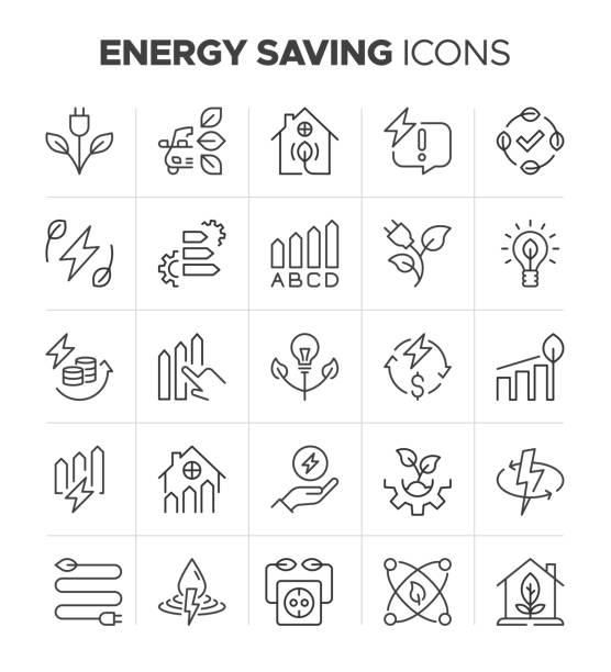 Energy Saving Icon Set - Energy Efficient, Green Energy and Eco Friendly Sign Editable stroke and pixel perfect 32x32 energy saving related icons. Environment, ecology, nature, energy conservation and green energy outline vector sign collection. lower technology stock illustrations