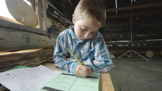 Young Caucasian Boy Doing Homework in an Old Fashioned One-Room School in the Mountains With Natural Window Light