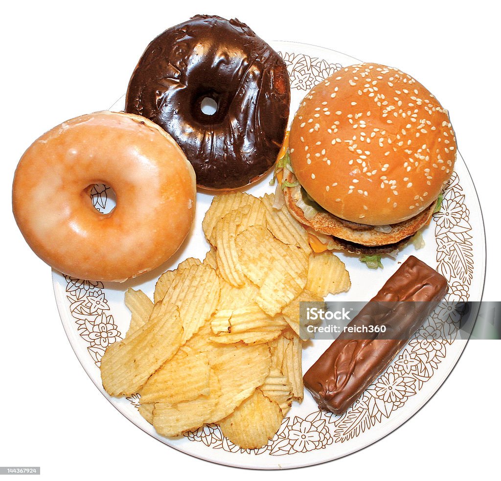 UNHEALTHY food plate A collection of foods that are bad for you! (I also have done a plate of healthy foods) Burger Stock Photo