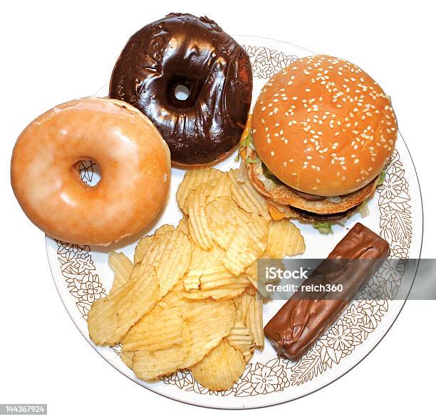 Unhealthy Food Plate Stock Photo - Download Image Now - Burger, Candy, Cheeseburger