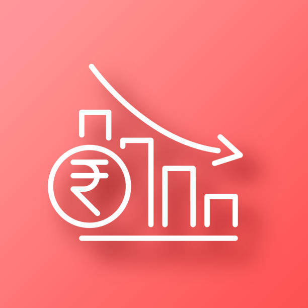 grafik der gesunkenen indischen rupie-rate. symbol auf rotem hintergrund mit schatten - red background grafiken stock-grafiken, -clipart, -cartoons und -symbole