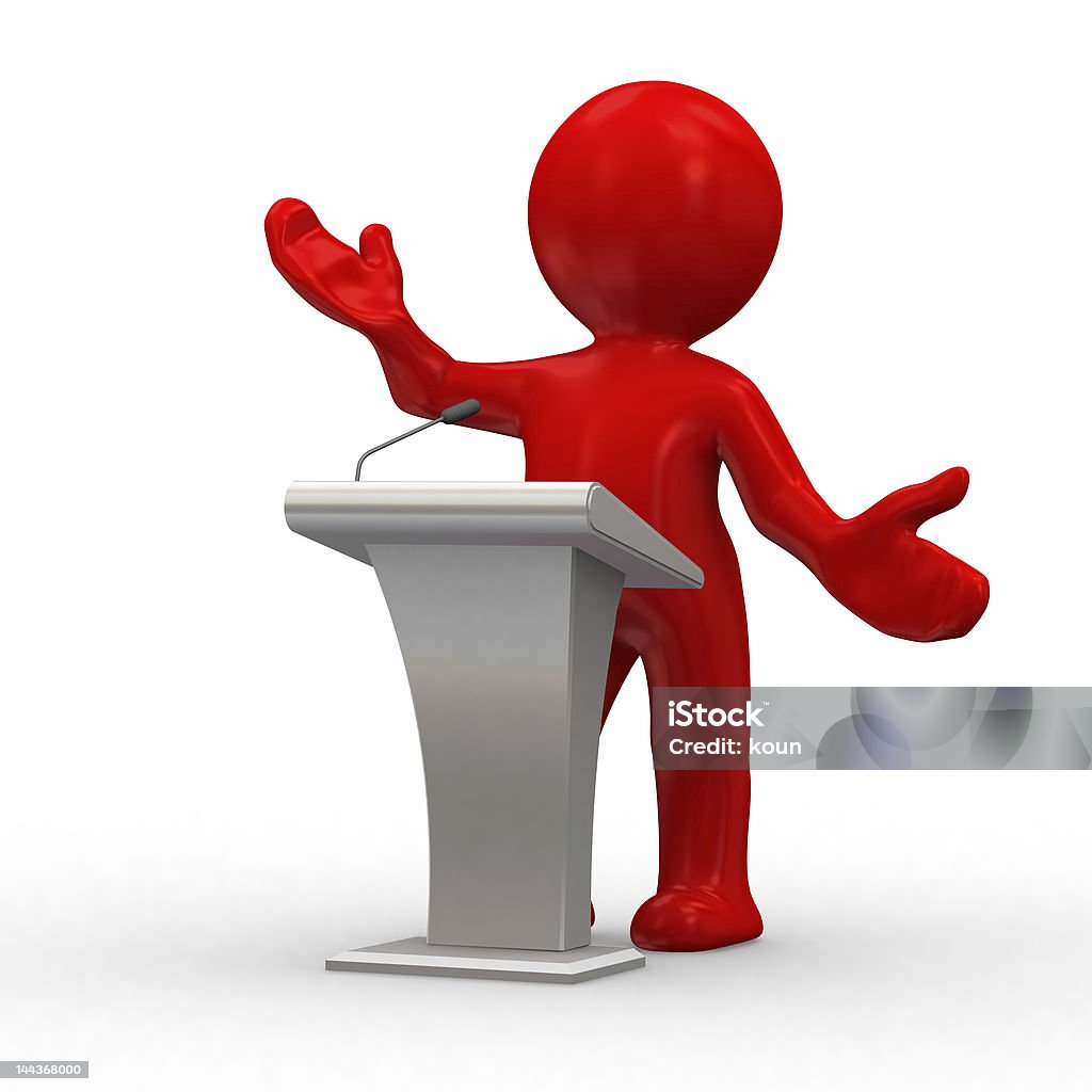 Red toy figure standing at white podium as if lecturing 3d human give a lecture behind a podium Abstract Stock Photo