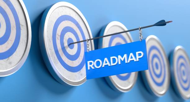 Roadmap Business Strategy Tactic Arrow Hitting Target Roadmap Business Strategy Tactic Arrow Hitting Target canada road map stock pictures, royalty-free photos & images
