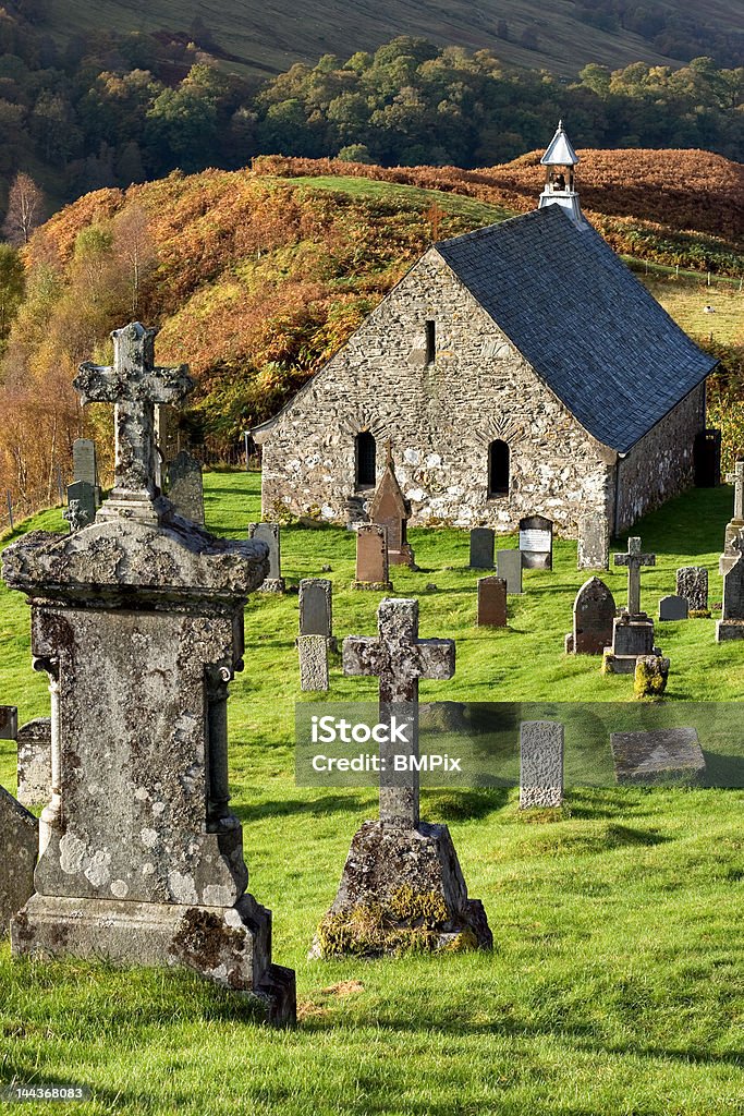 Cille Choirill (vertical) The ancient 15th century church and graveyard at Cille Choirill, Scottish Highlands Cemetery Stock Photo
