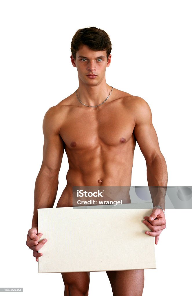 Naked Muscular Man Covering with Box Isolated on White Naked muscular man covering with a white box (copy space) isolated on white Men Stock Photo