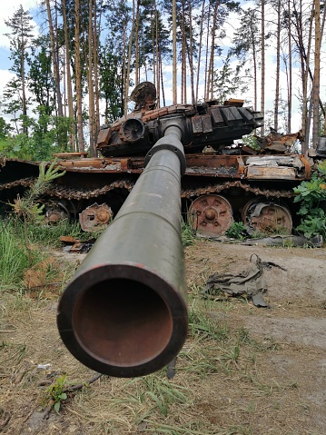 Rusty Muzzle of a destroyed Russian tank in Ukraine.