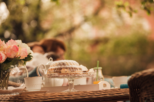 Low angle view of silver tray with biscuits, cup of tea and freshly-cut flowers on a garden table for people to have snacks during nice spring day outside.