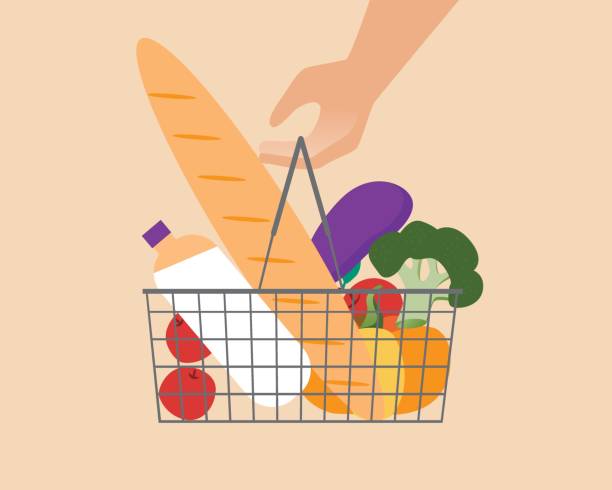 istock Supermarket basket in hand, flat vector stock food illustration isolated 1443687315