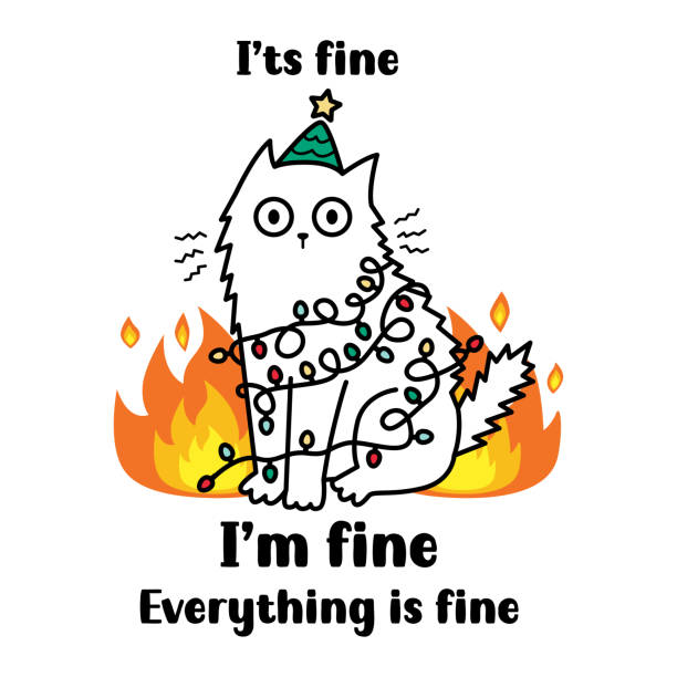 ilustraciones, imágenes clip art, dibujos animados e iconos de stock de divertido gato navideño con guirnalda. está bien, estoy bien, todo está bien cita. - feliz navidad memes