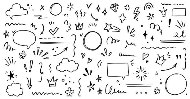 ilustrações de stock, clip art, desenhos animados e ícones de sketch underline, emphasis, arrow shape set. hand drawn brush stroke, highlight, speech bubble, underline, sparkle element. vector - desenho