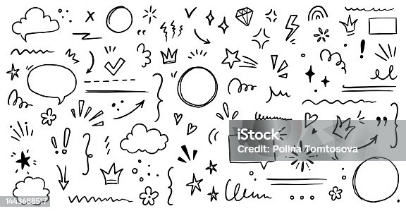 istock Sketch underline, emphasis, arrow shape set. Hand drawn brush stroke, highlight, speech bubble, underline, sparkle element. Vector 1443688517